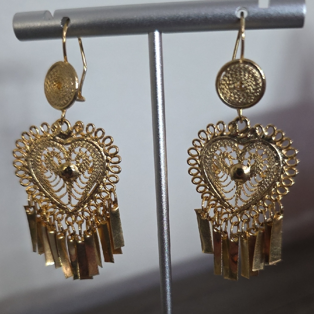 Gold Heart Filigree Fringe Drop Earrings